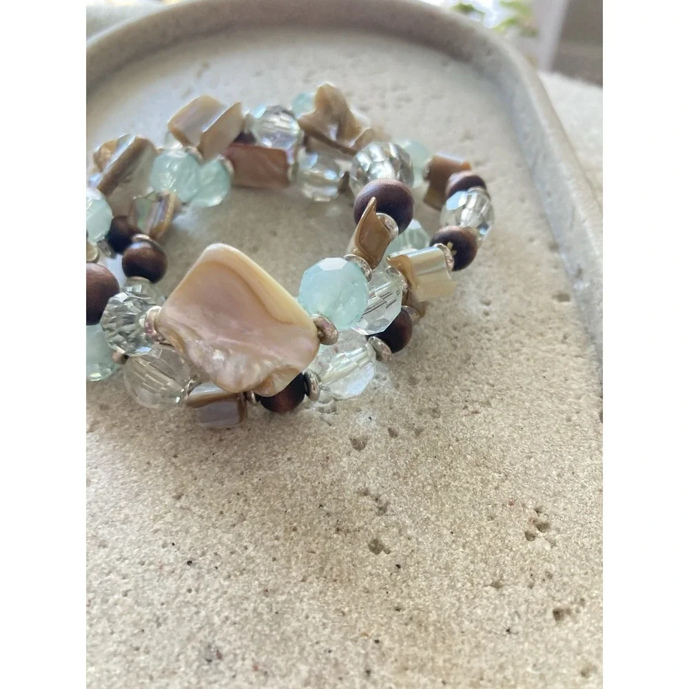 Coastal Bracelet Stack Faux Shell Clear Faceted Aqua Brown Beads Beachy‎ Stretch